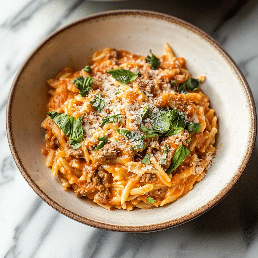 Ground Beef Orzo with Tomato Cream Sauce