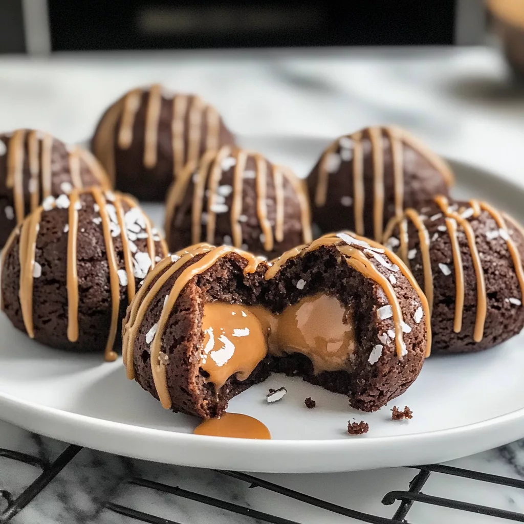 Chocolate Peanut Butter Snowballs with Caramel Drizzle